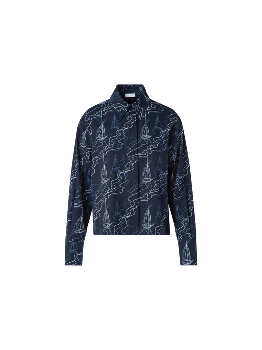 Designer Boxy Blouse in Cotton with Sailboat Print - navy - blue - multicolor