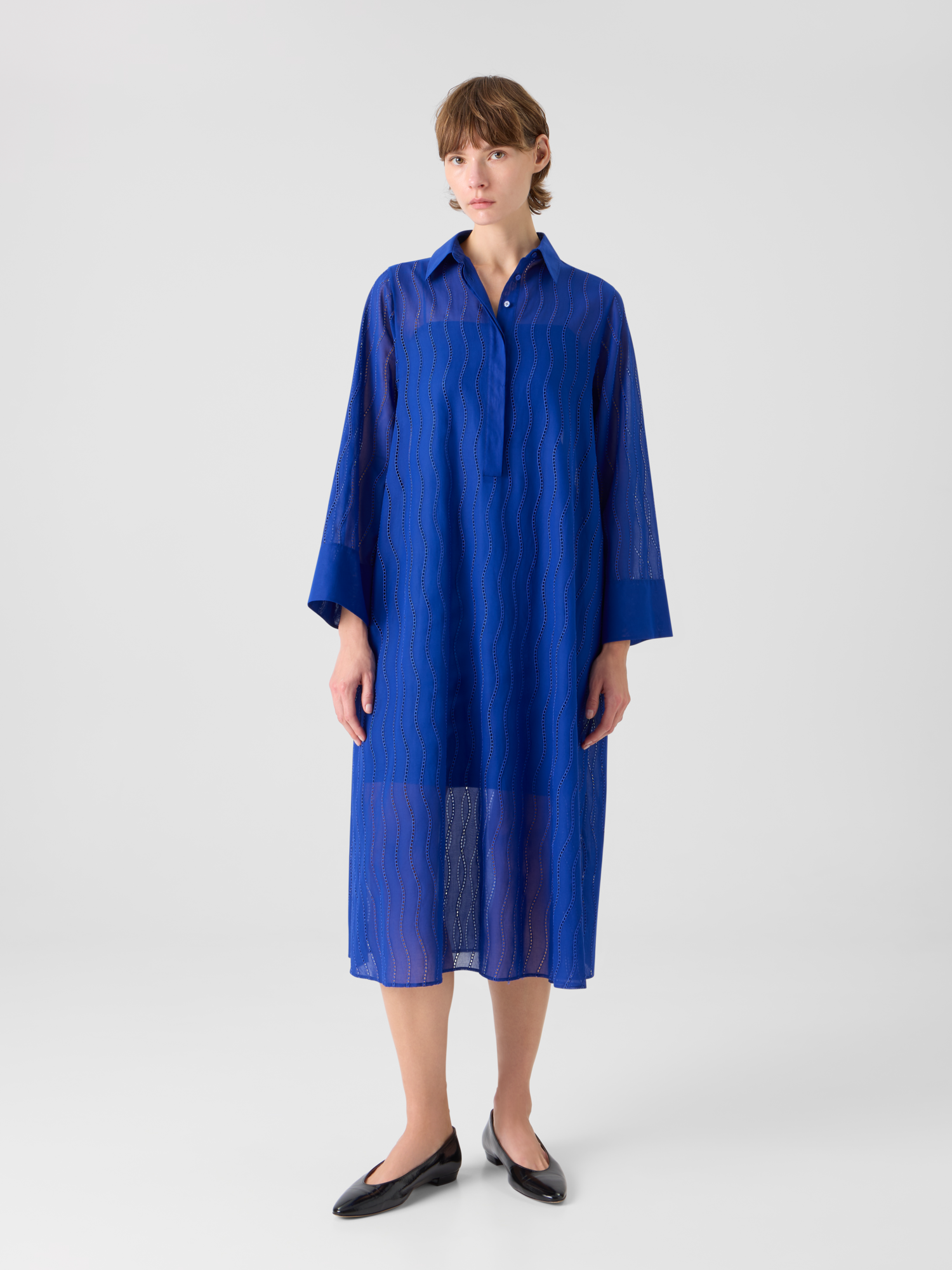 Designer Midi Shirt Dress with Wave Embroidery - blue 