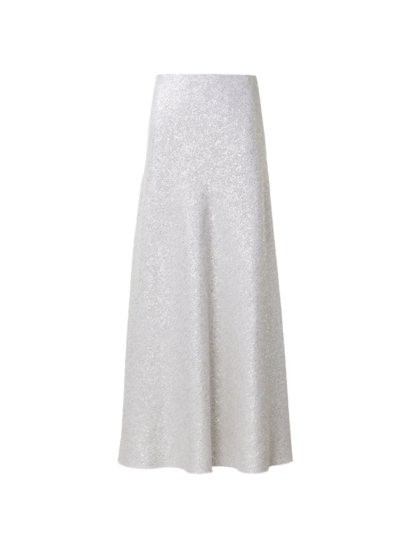 Designer Long Linen Blend Skirt with Sequins - grey