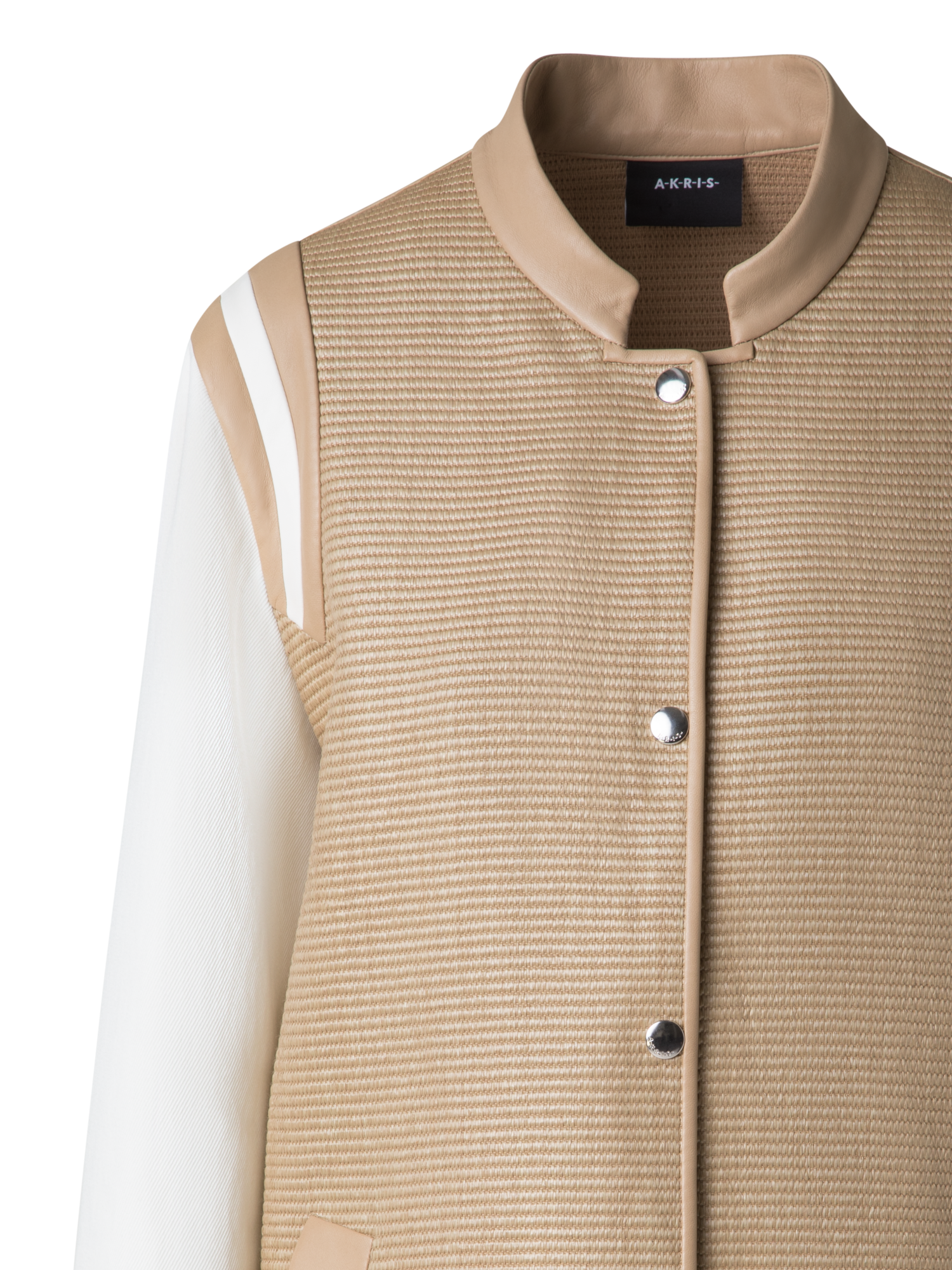Designer Varsity Jacket in Cotton Raffia and Leather - neutral - multicolor - beige