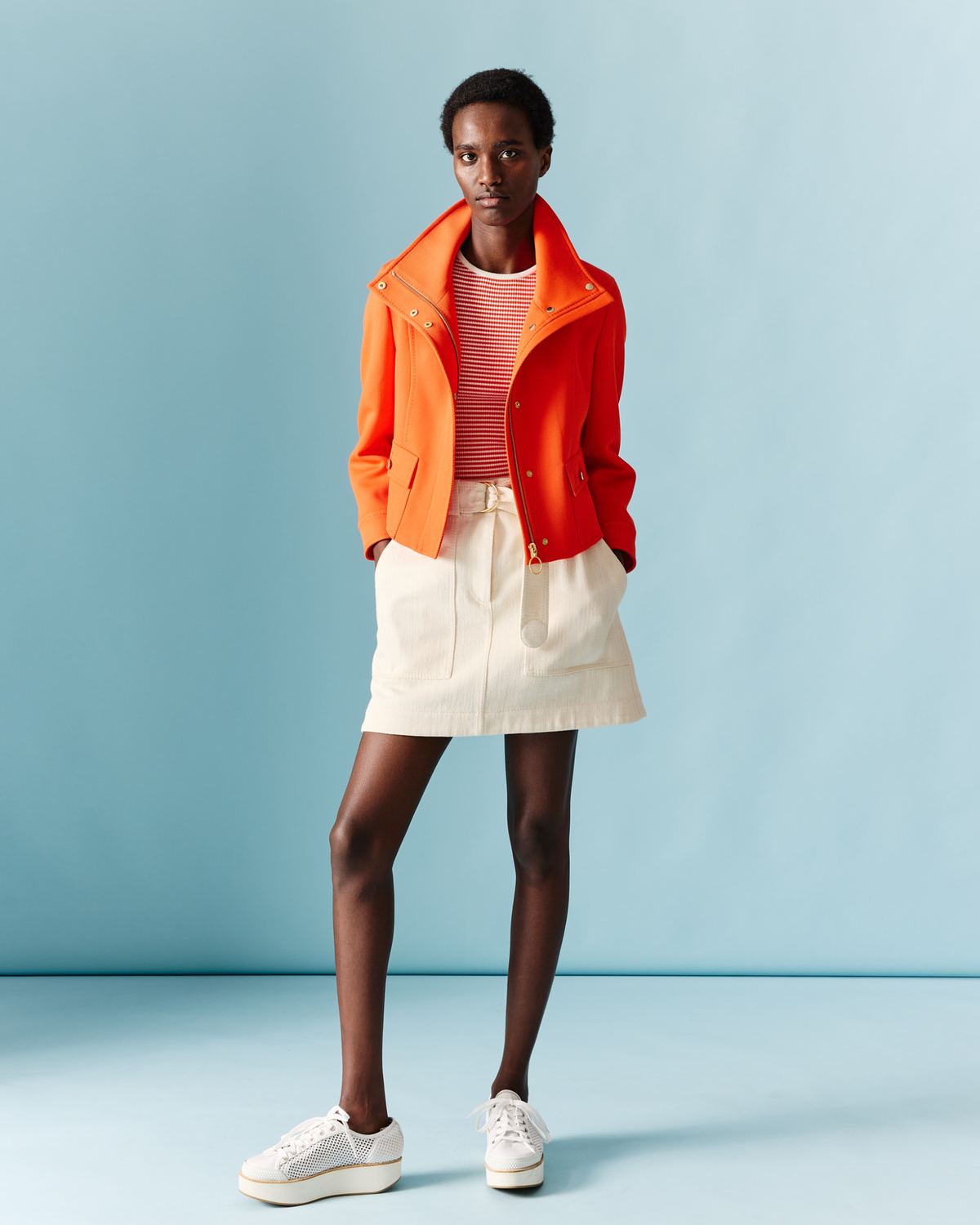 Designer Short Sleeve Sweater in Striped Virgin Wool  - multicolor - orange #editorial