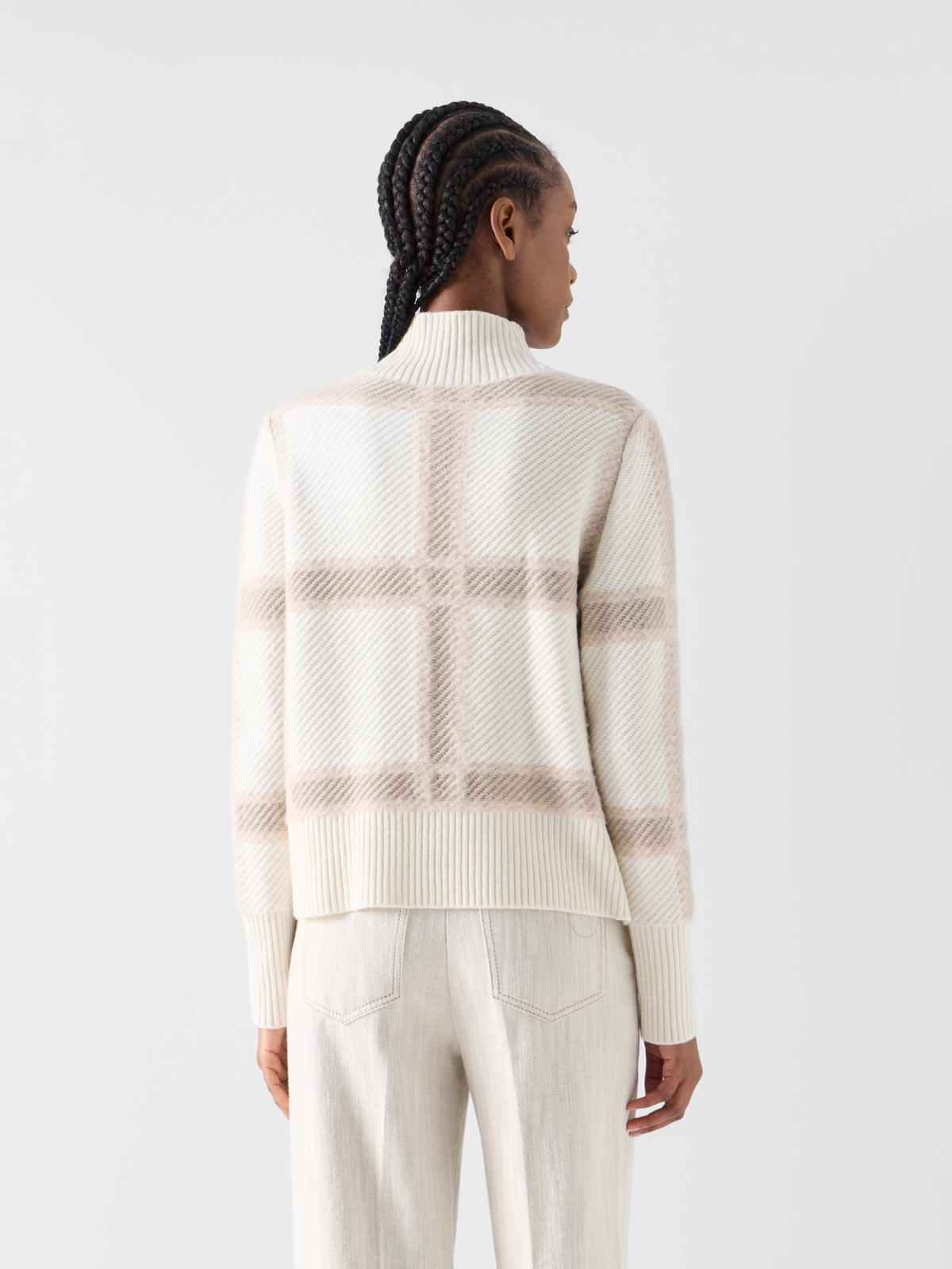 Designer Wool Cashmere Sweater with Intarsia Plaid - ecru - multicolor #editorial