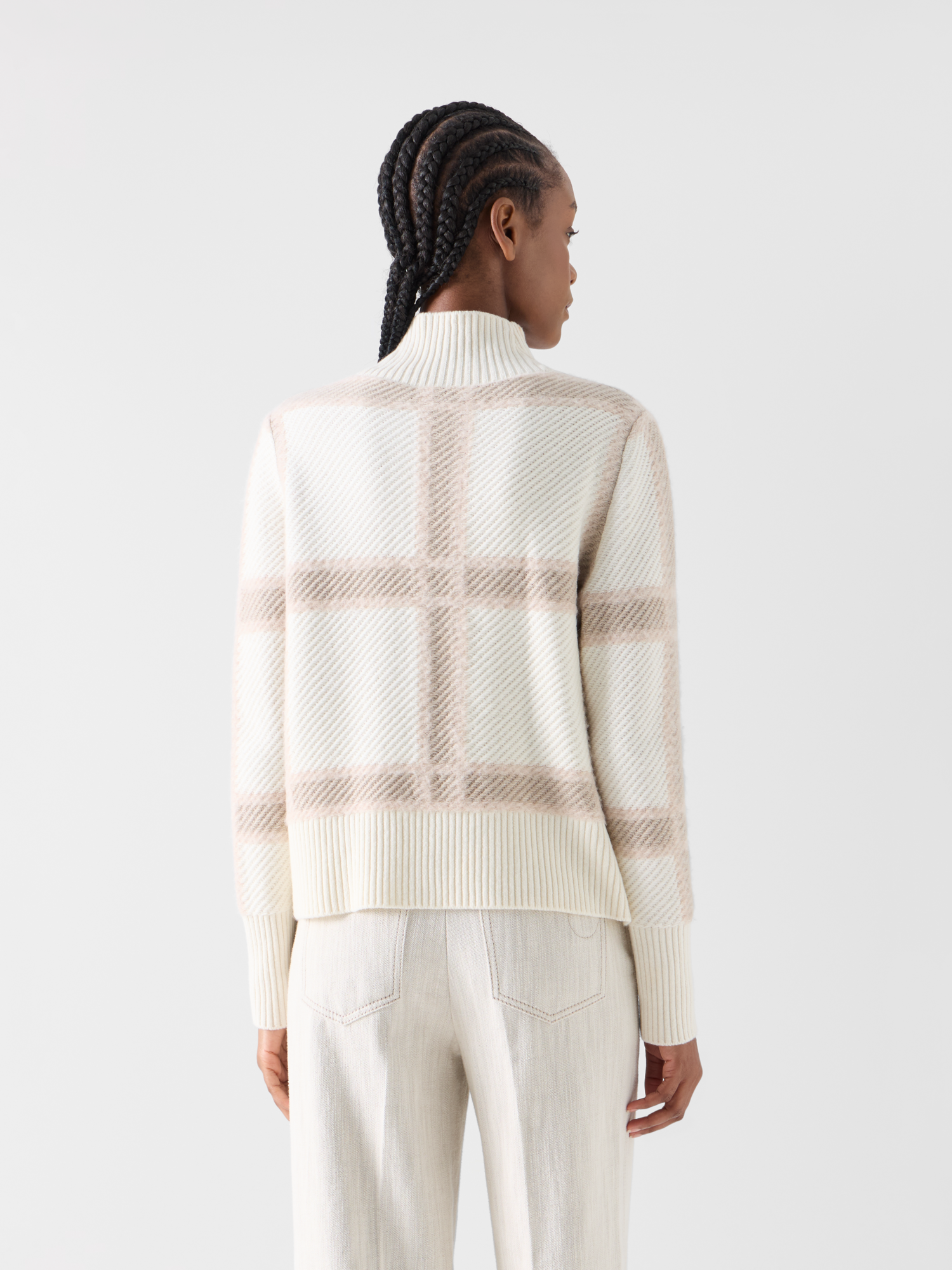 Designer Wool Cashmere Sweater with Intarsia Plaid - ecru - multicolor 