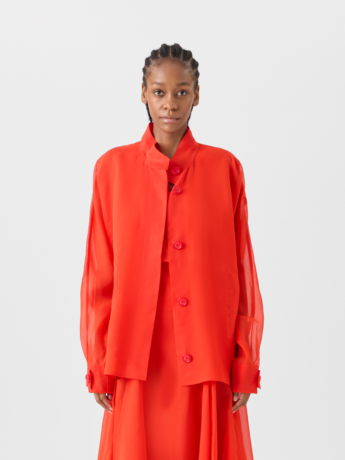 Designer Huma Oversize Parka Jacket in Silk Organza - red #editorial