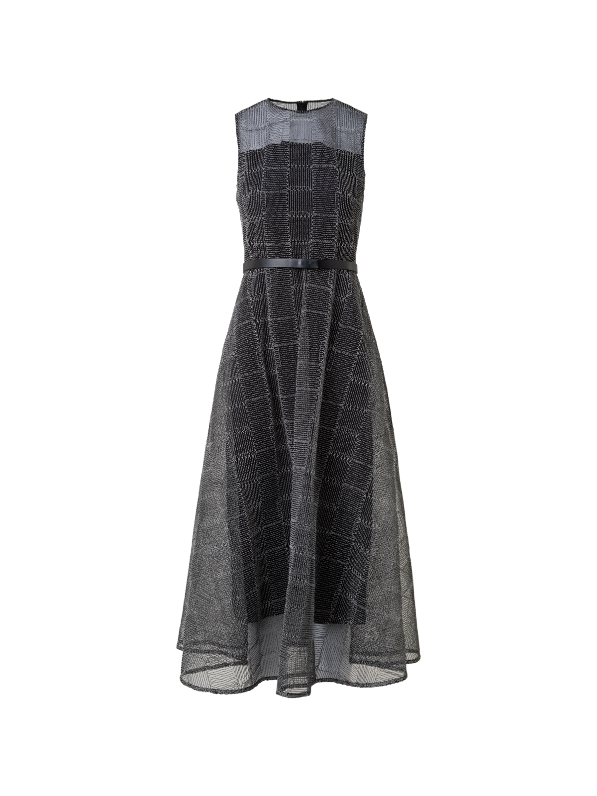 Designer Fit and Flare Squares on Tulle Midi Dress - black