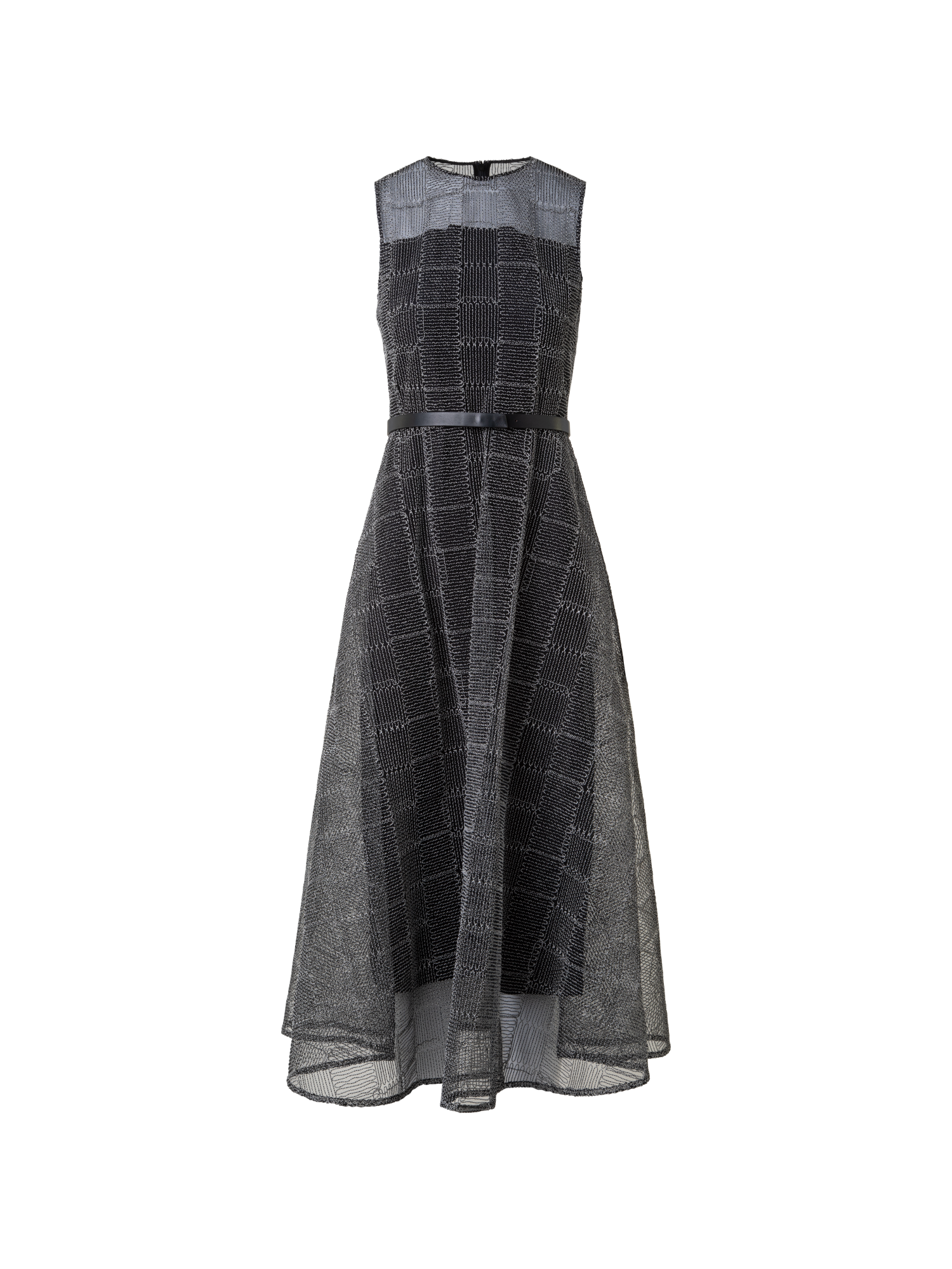 Designer Fit and Flare Squares on Tulle Midi Dress - black