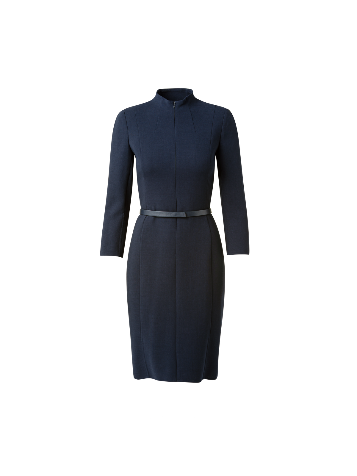 Designer 3/4 Sleeve Wool Double-Face Mock Neck Dress - navy - blue