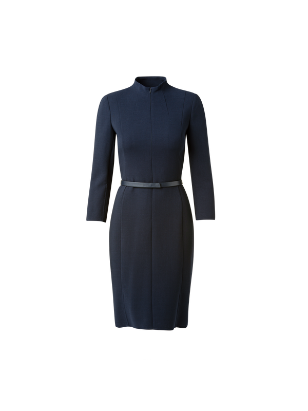 Designer 3/4 Sleeve Wool Double-Face Mock Neck Dress - navy - blue