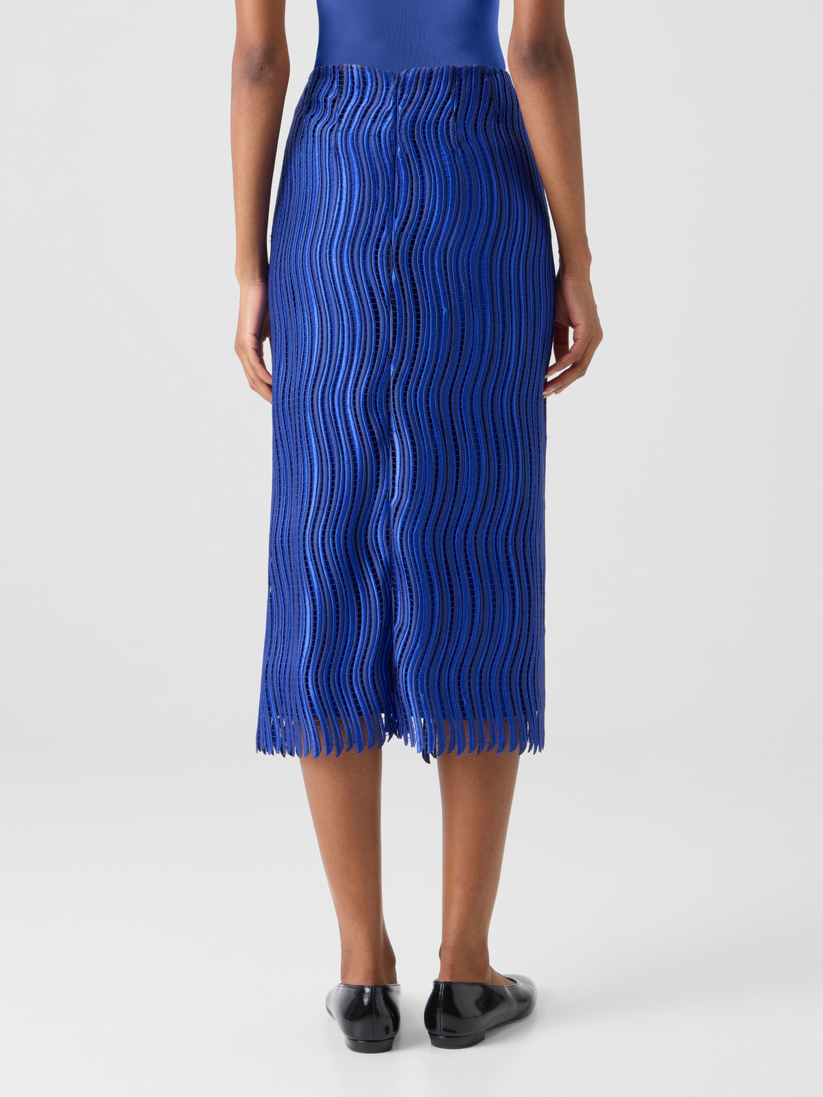 Designer Midi Pencil Skirt in Wave Guipure - blue #editorial