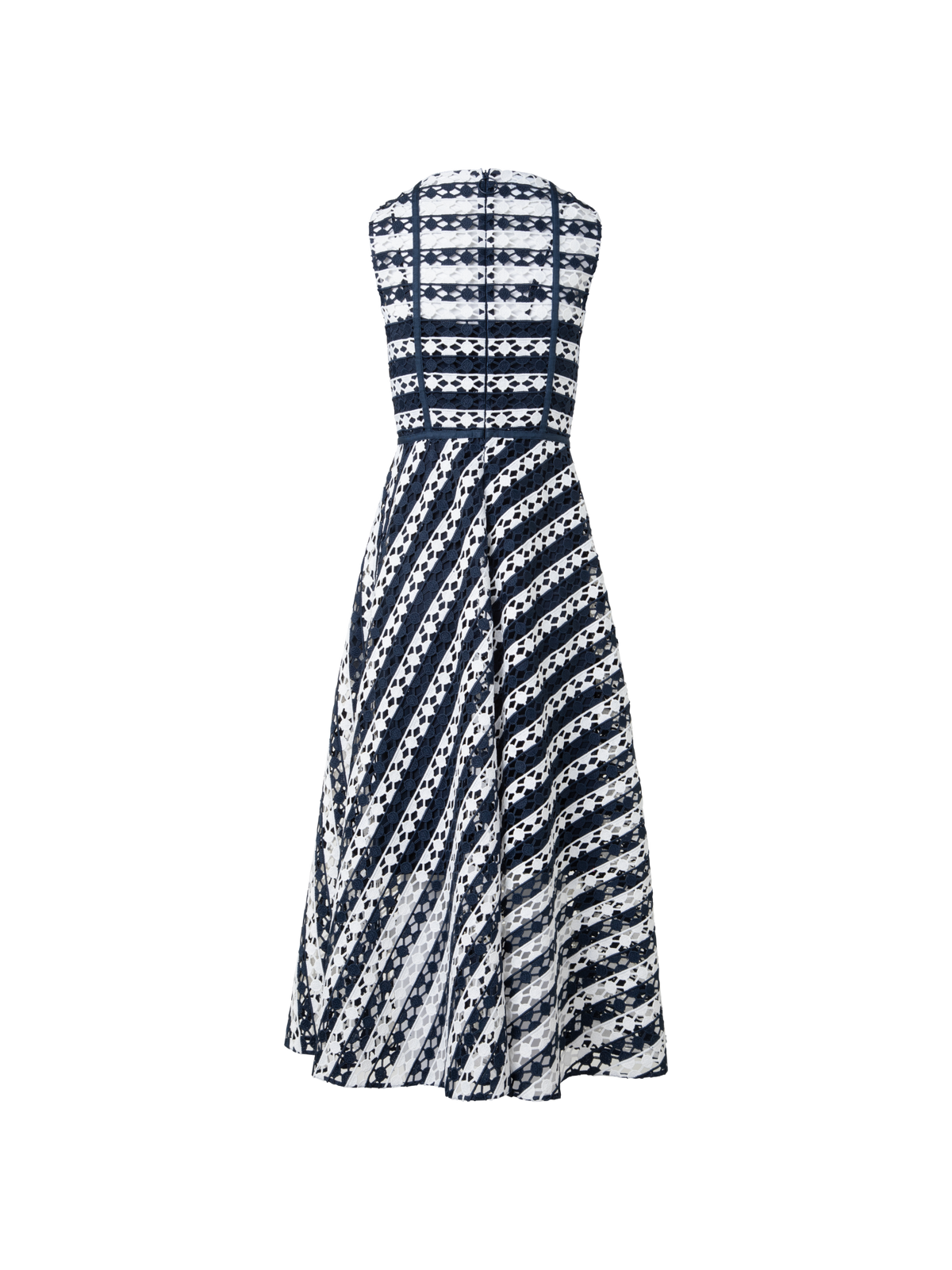 Designer Midi Dress in Stripe Embroidery - navy - blue - multicolor - ecru