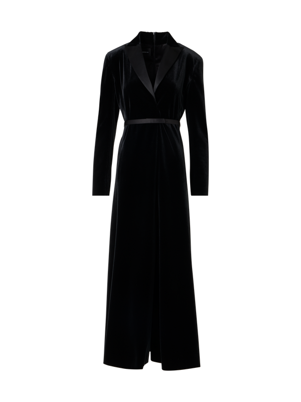Designer Velvet Midi Dress with Satin Lapel - black