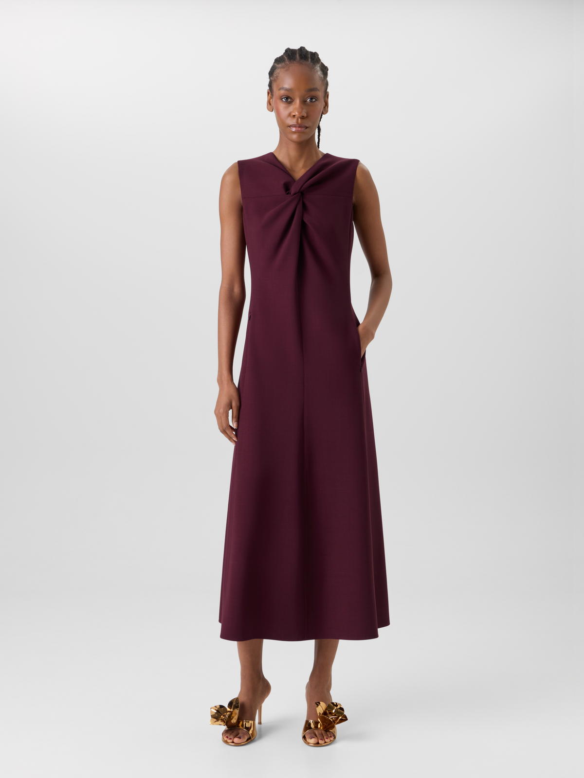 Designer Wool Double-Face Midi Dress with Knot Detail - red 
