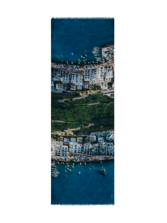 Designer Cashmere Silk Scarf with Marina Grande Print - blue - multicolor