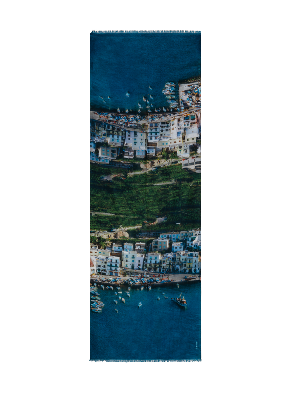 Designer Cashmere Silk Scarf with Marina Grande Print - blue - multicolor