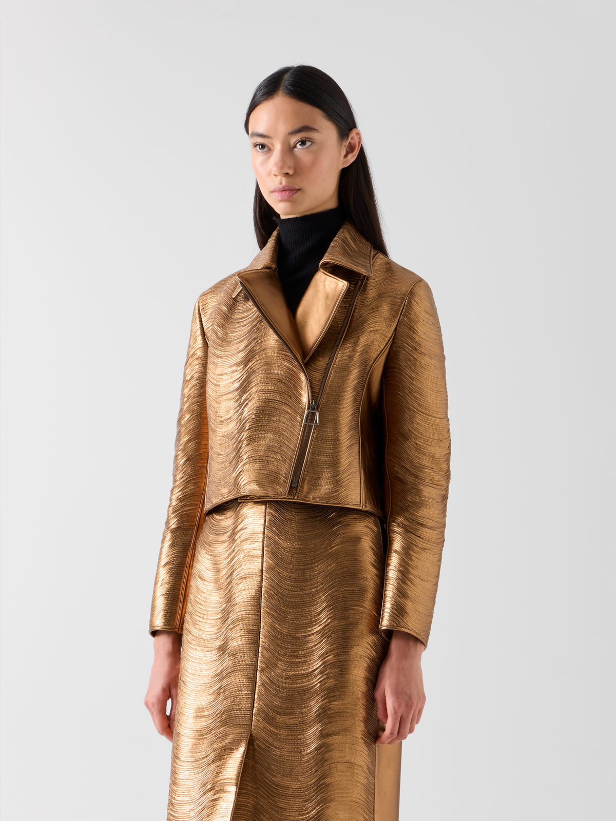 Designer Short Lamé Leather Stripe Embroidery Jacket - gold #editorial