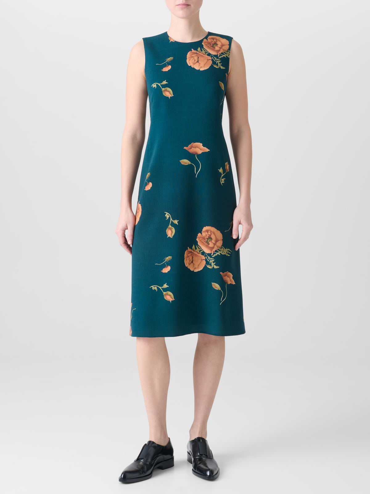 Designer Sheath Dress in Wool Double-Face Anemone Print - green - multicolor