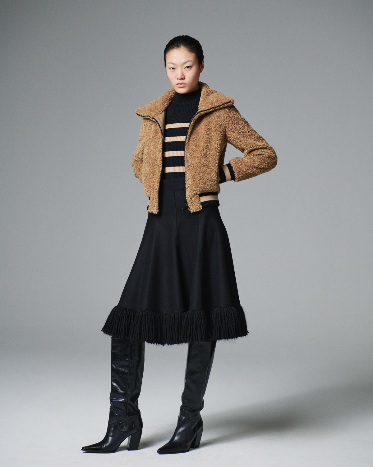 Designer Taglio Vivo Midi Skirt with Fringes - black #editorial