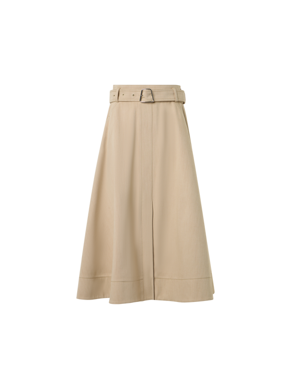 Designer Flared A-Line Midi Skirt in Cotton Denim - beige