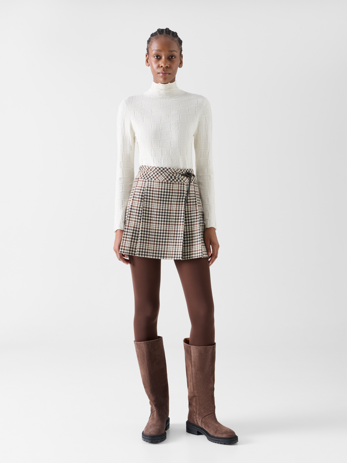 Designer Kilt Mini Skirt in Check Tweed - multicolor - brown 