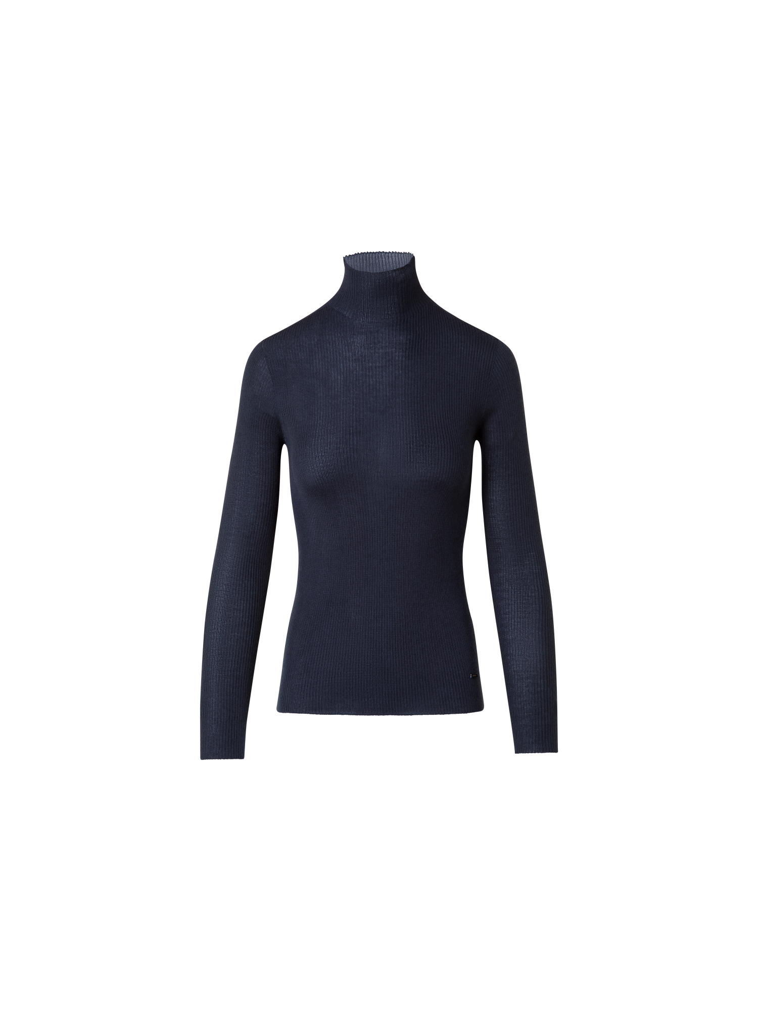 Designer Fine Rib Cashmere Silk Mock Neck Pullover - navy - blue