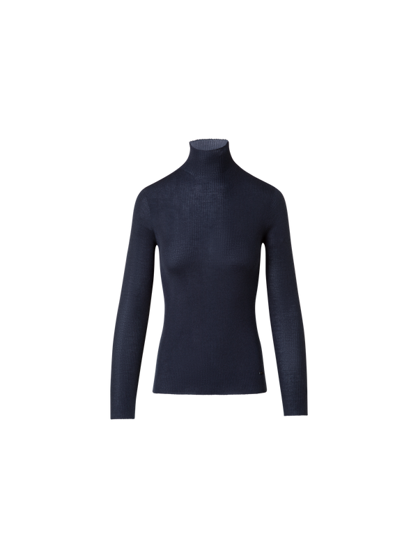 Designer Fine Rib Cashmere Silk Mock Neck Pullover - navy - blue