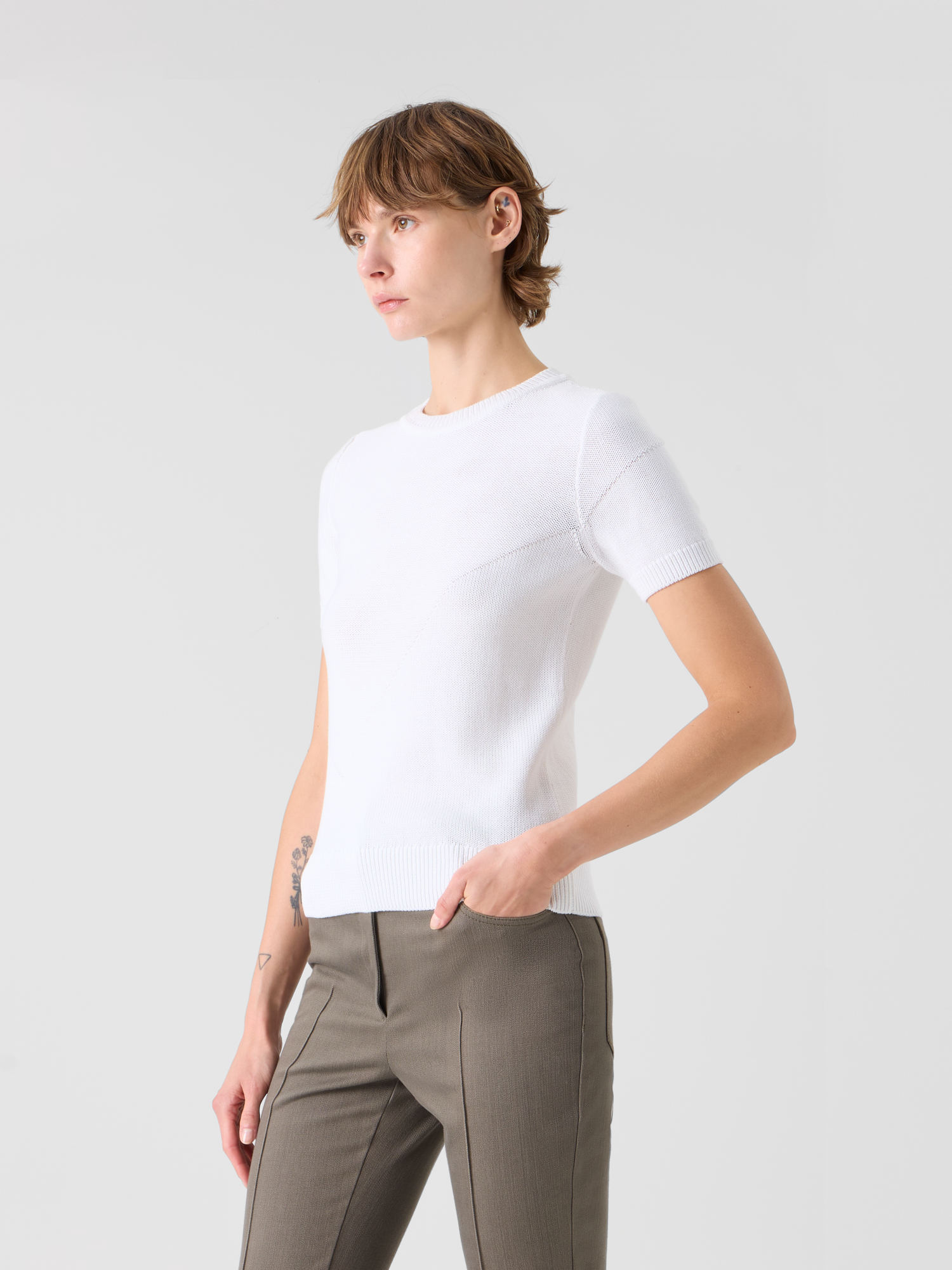 Designer Cotton Sweater with Polygon Intarsia - ecru