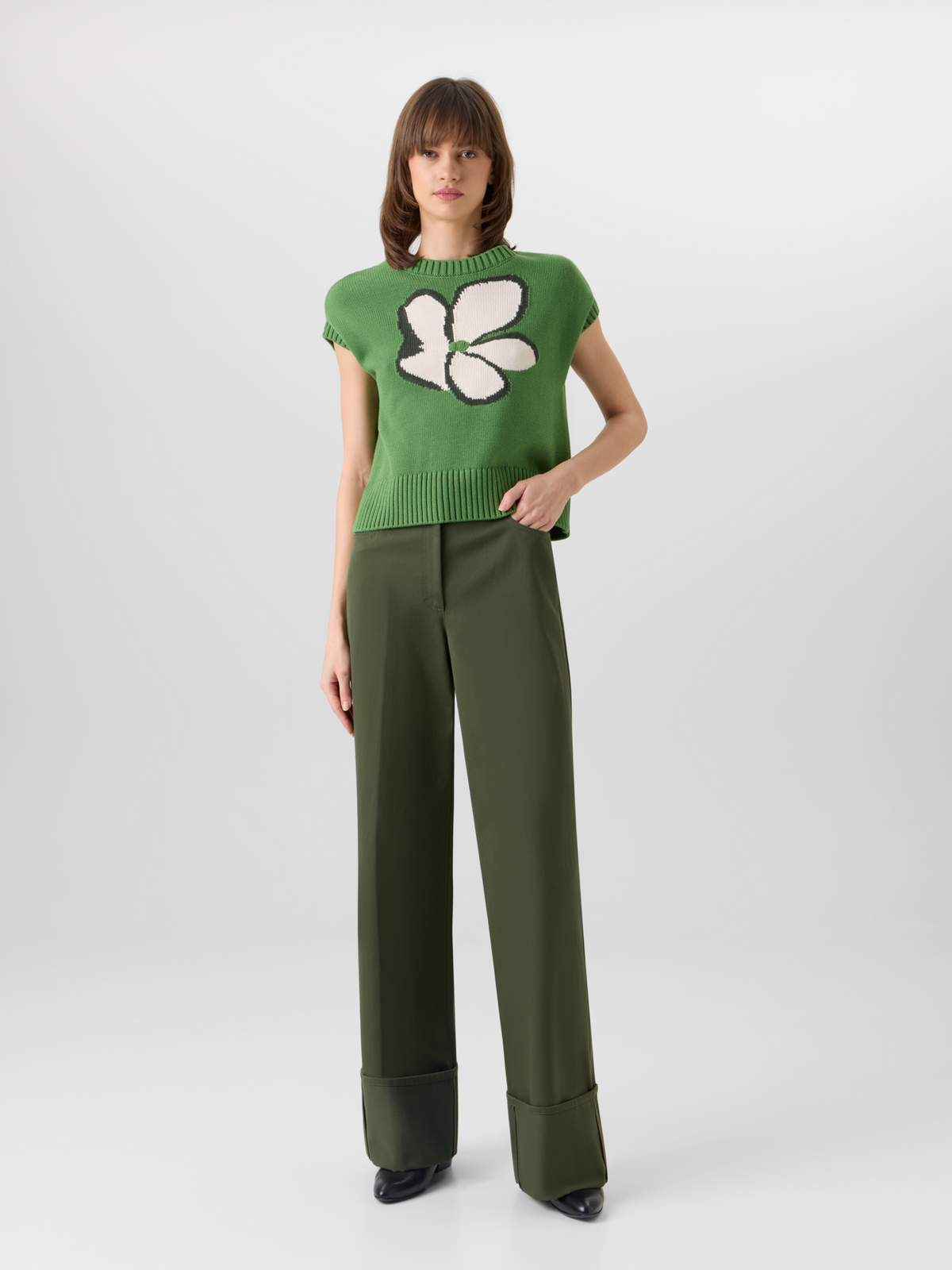 Designer Cap-Sleeve Papercut Flower Knit Sweater - green #editorial