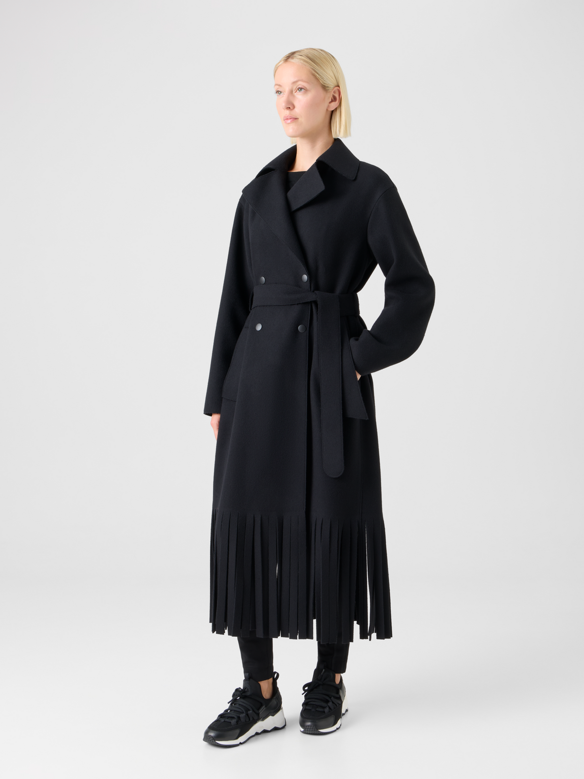 Designer Fringed Felted Wool Trench Coat - black #editorial