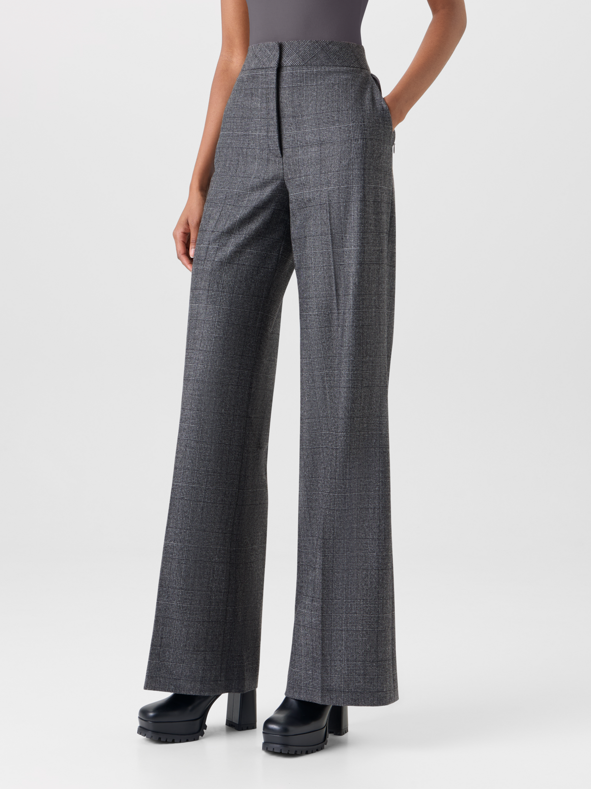 Designer Wide Leg Pants in Prince of Wales Wool Double-Face - grey - black #editorial