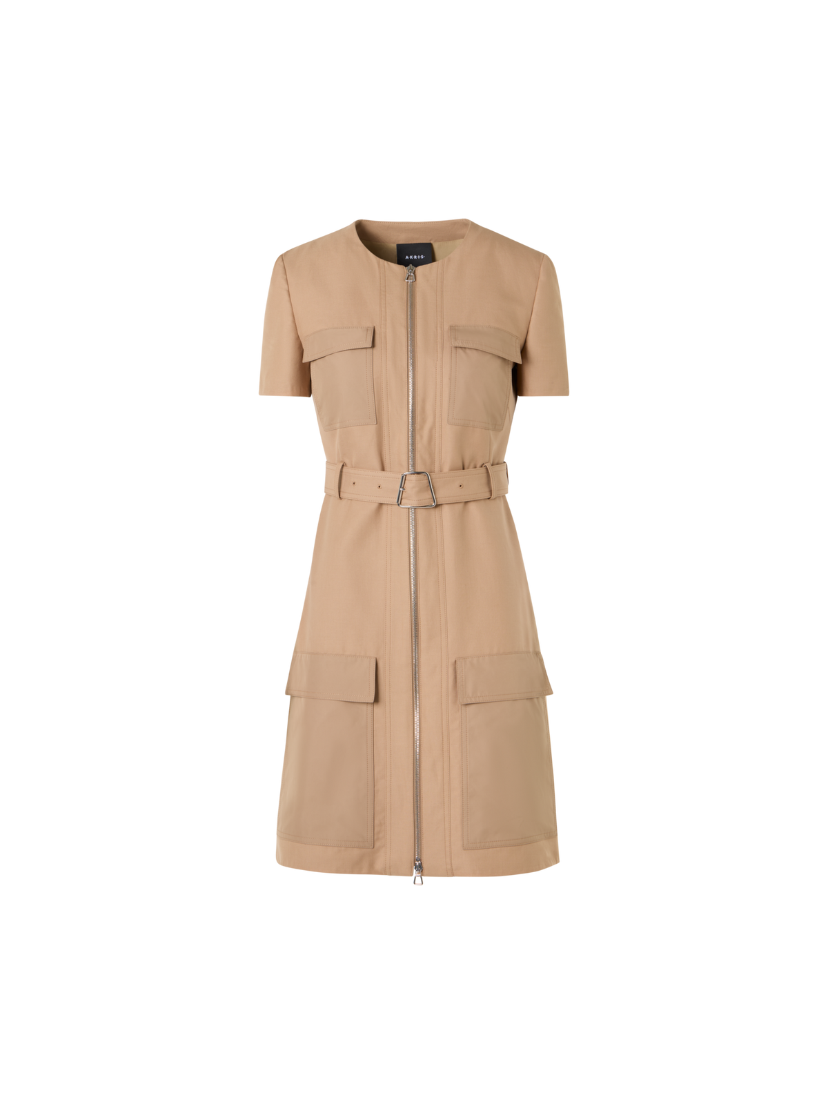Designer Short-Sleeve Cotton Double-Face Dress - beige