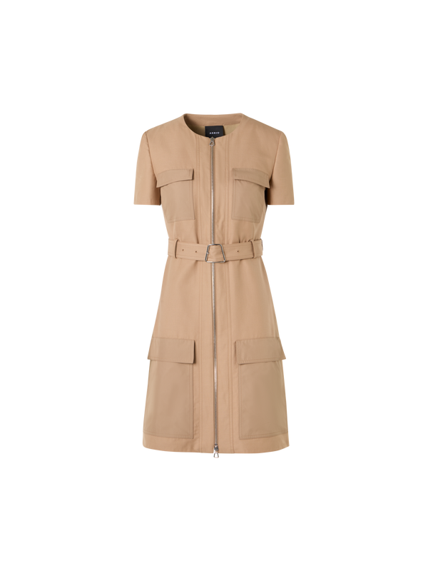 Designer Short-Sleeve Cotton Double-Face Dress - beige