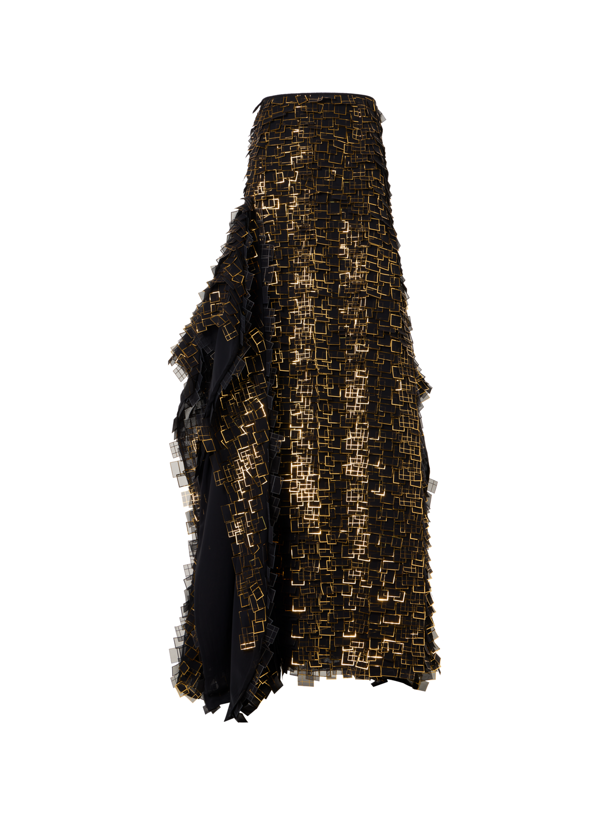 Designer Asymmetrical Maxi Skirt in Golden Frame Organza Tiles - gold - multicolor - black
