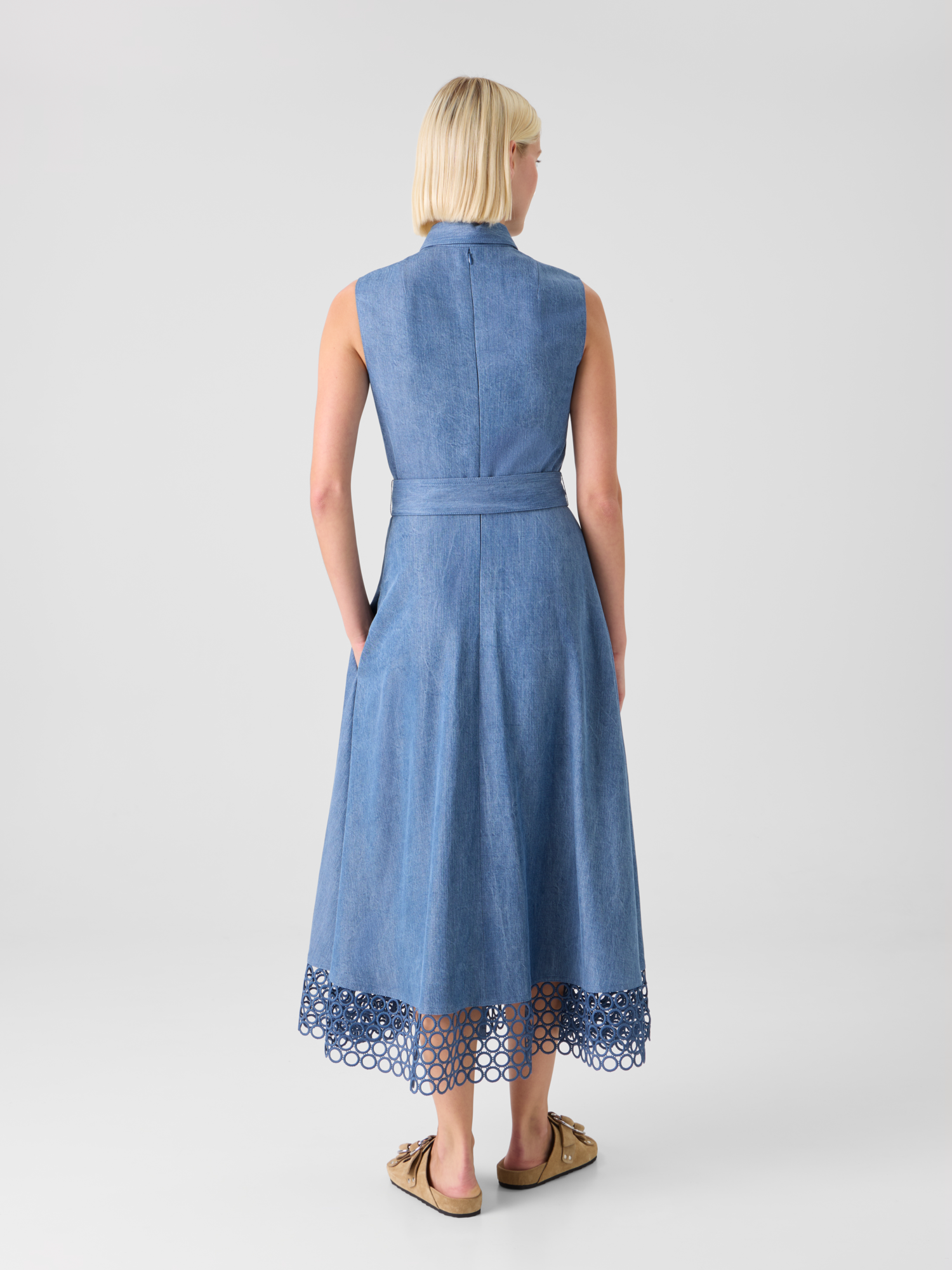 Designer Denim Shirt Dress with Eyelet Guipure - blue