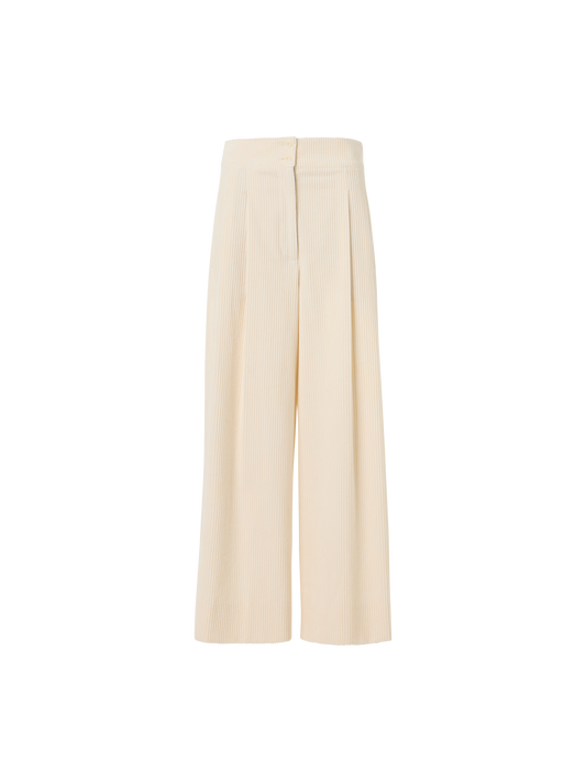 Designer Cropped Wide Pleated Pants in Cotton Corduroy - ecru