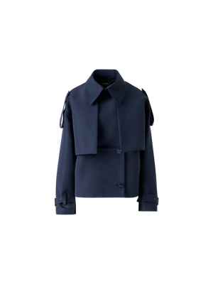 Designer Short Silk Trench Coat with Removable Bolero - neutral - navy - blue