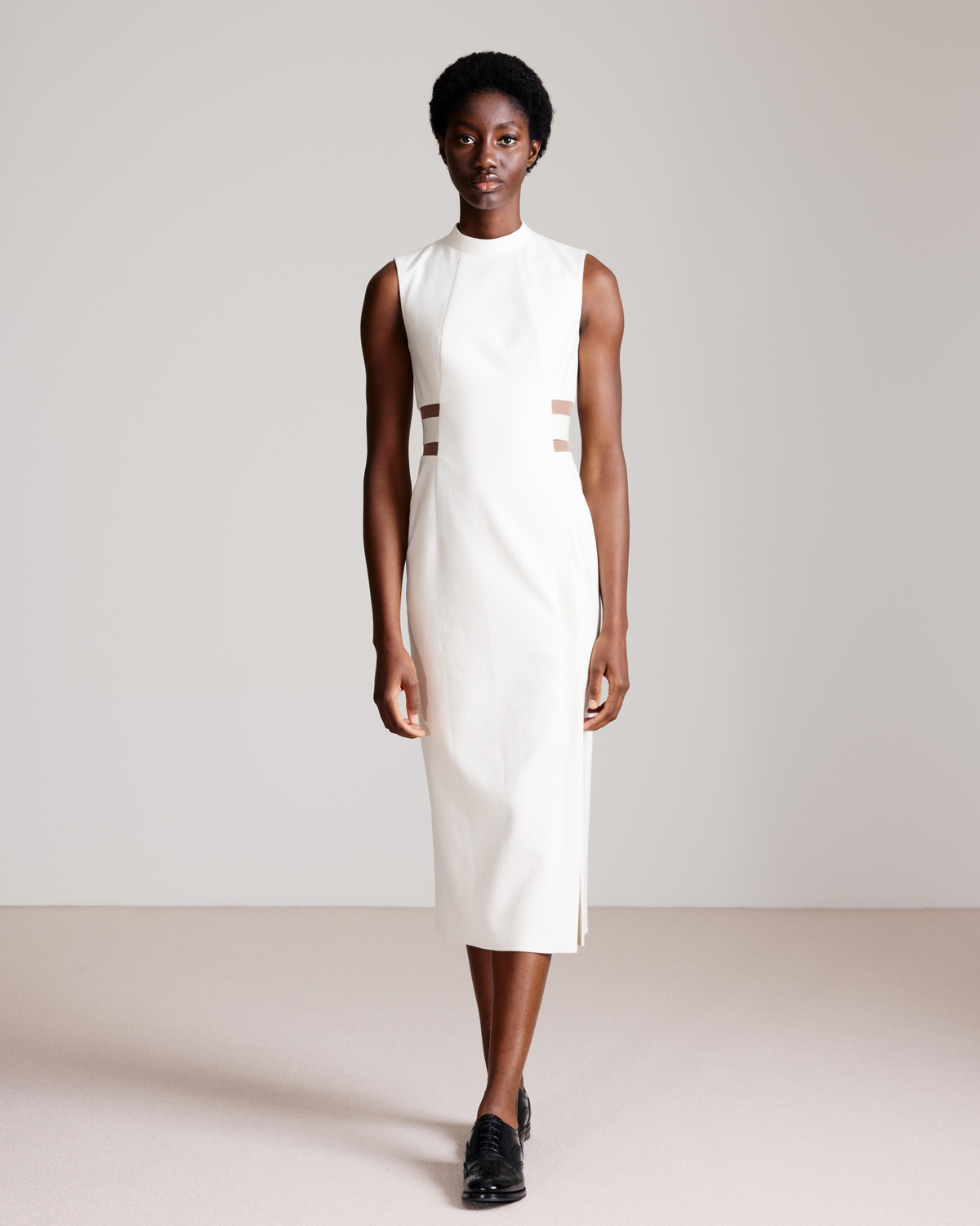 Designer Waist Cut-Out Sheath Dress in Cotton Silk - ecru - white #editorial
