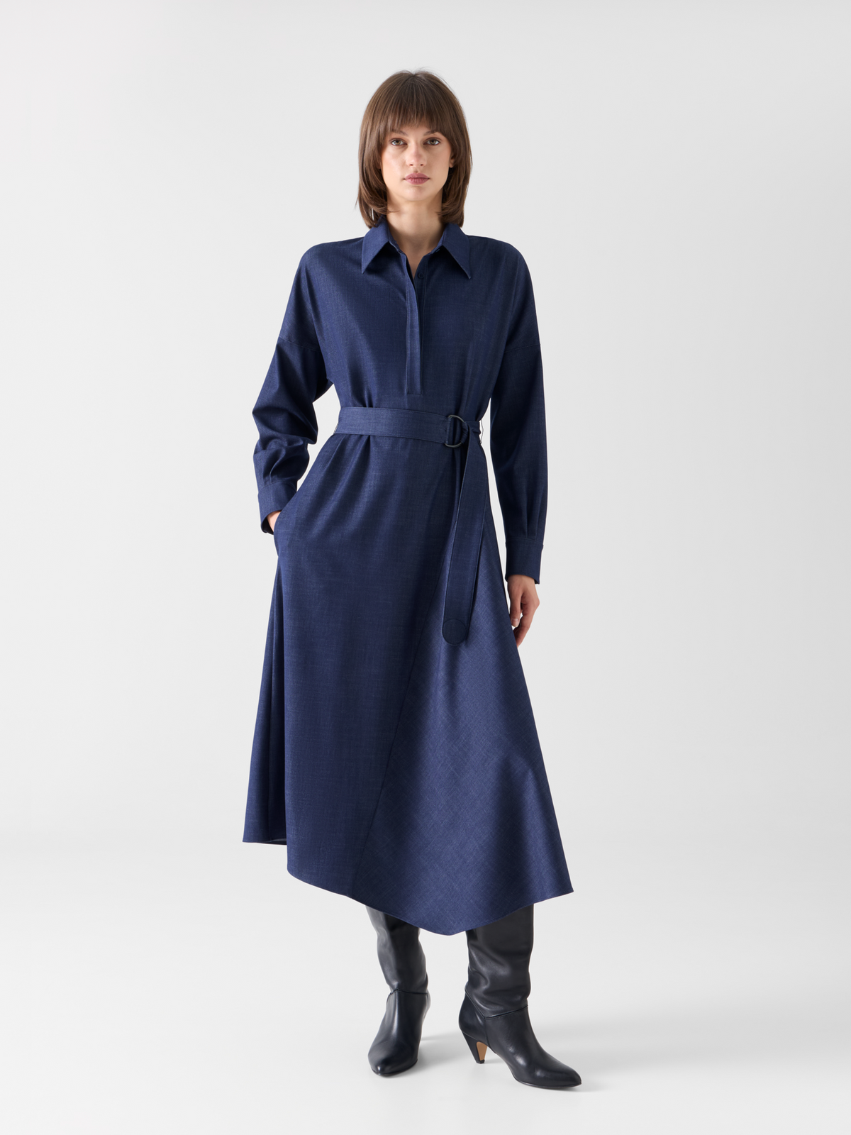 Designer Fluid Denim Midi Dress with Handkerchief Hem - navy #editorial