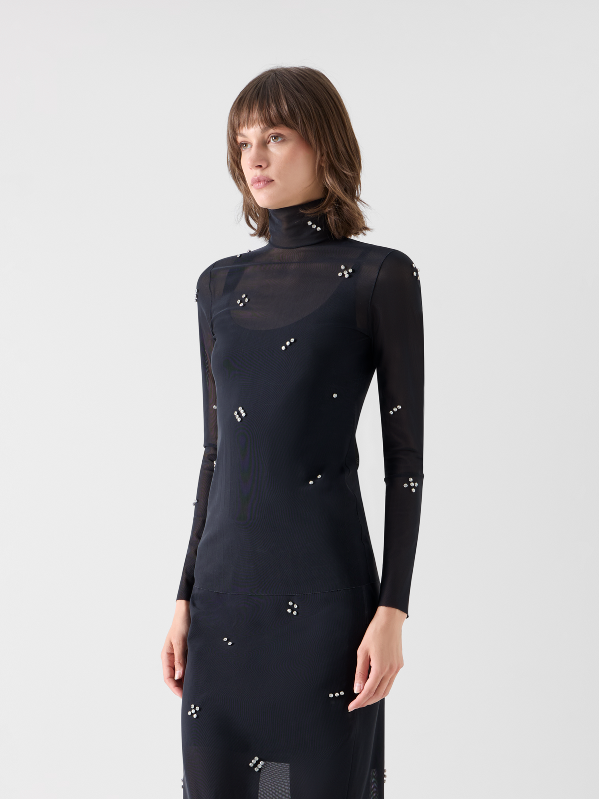 Designer Tulle Blouse with Diamond Dice Dot Embellishment - black #editorial