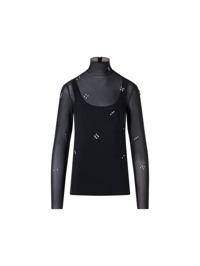 Designer Tulle Blouse with Diamond Dice Dot Embellishment - black