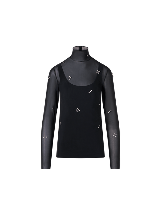 Designer Tulle Blouse with Diamond Dice Dot Embellishment - black
