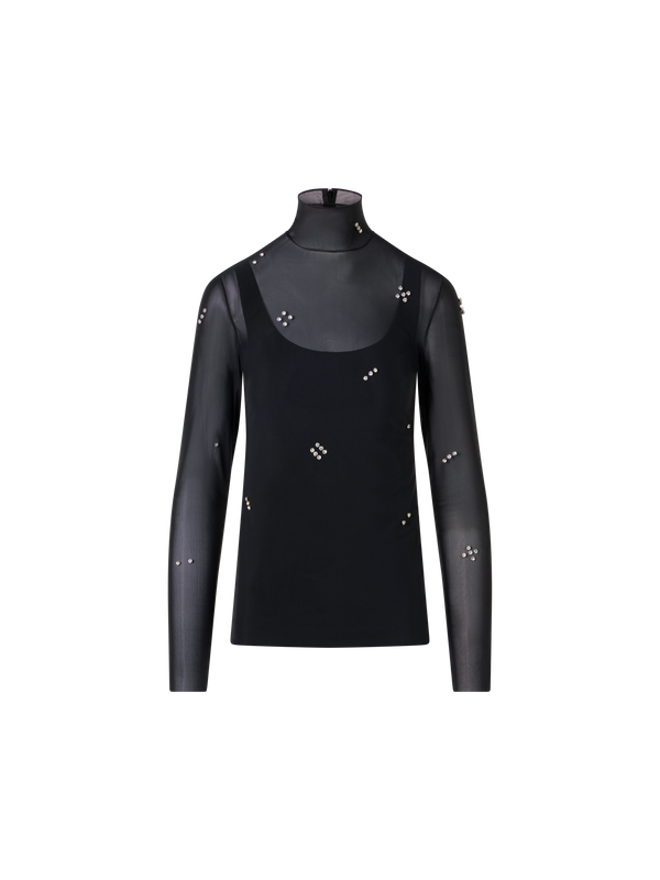 Designer Tulle Blouse with Diamond Dice Dot Embellishment - black