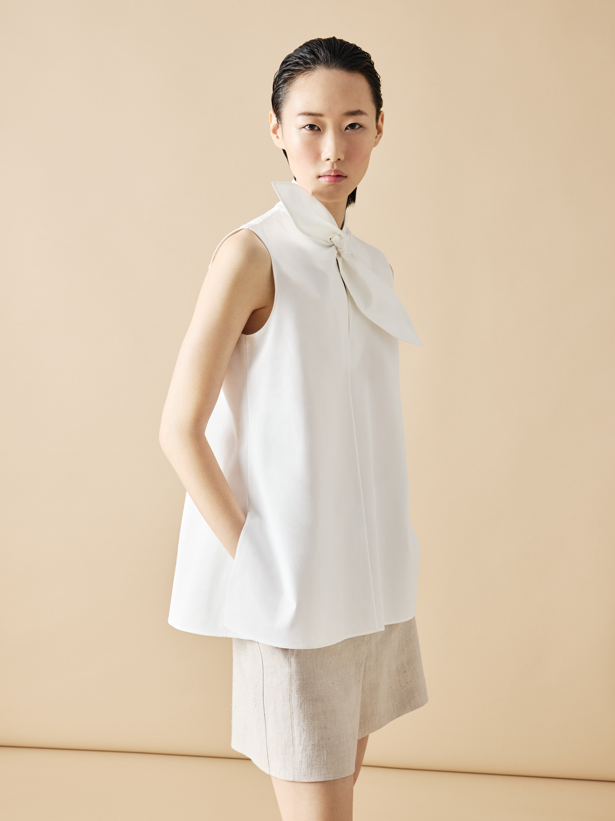Designer Sleeveless Cotton Tie Knot Blouse - neutral - ecru - white #editorial