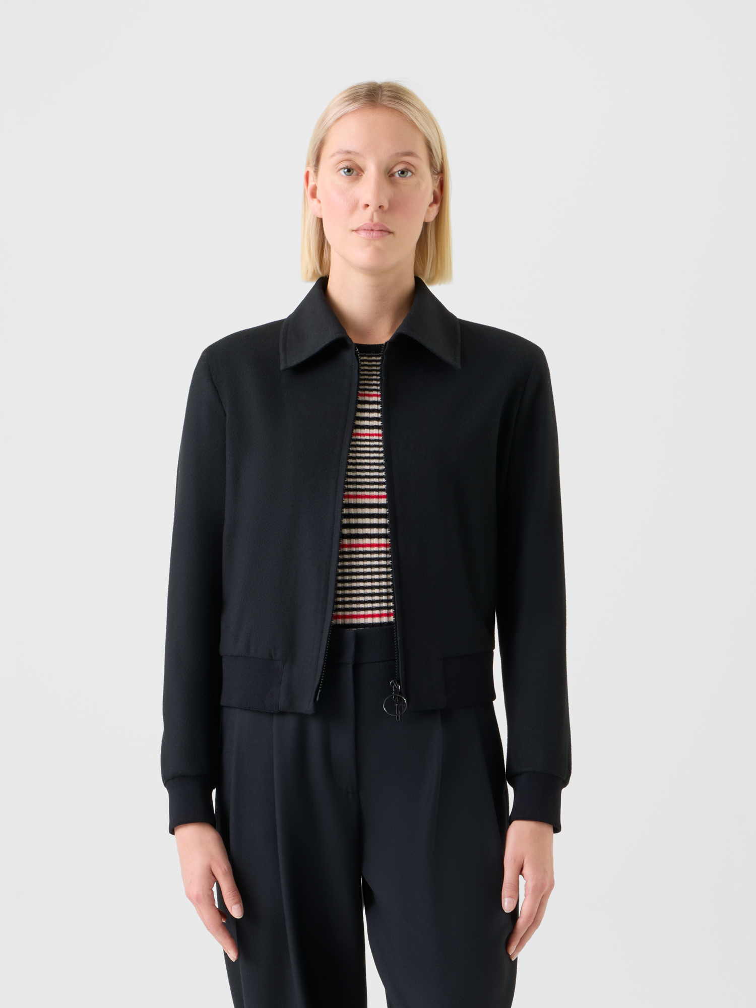 Designer Short Wool Cashmere Bomber Jacket - black - neutral 