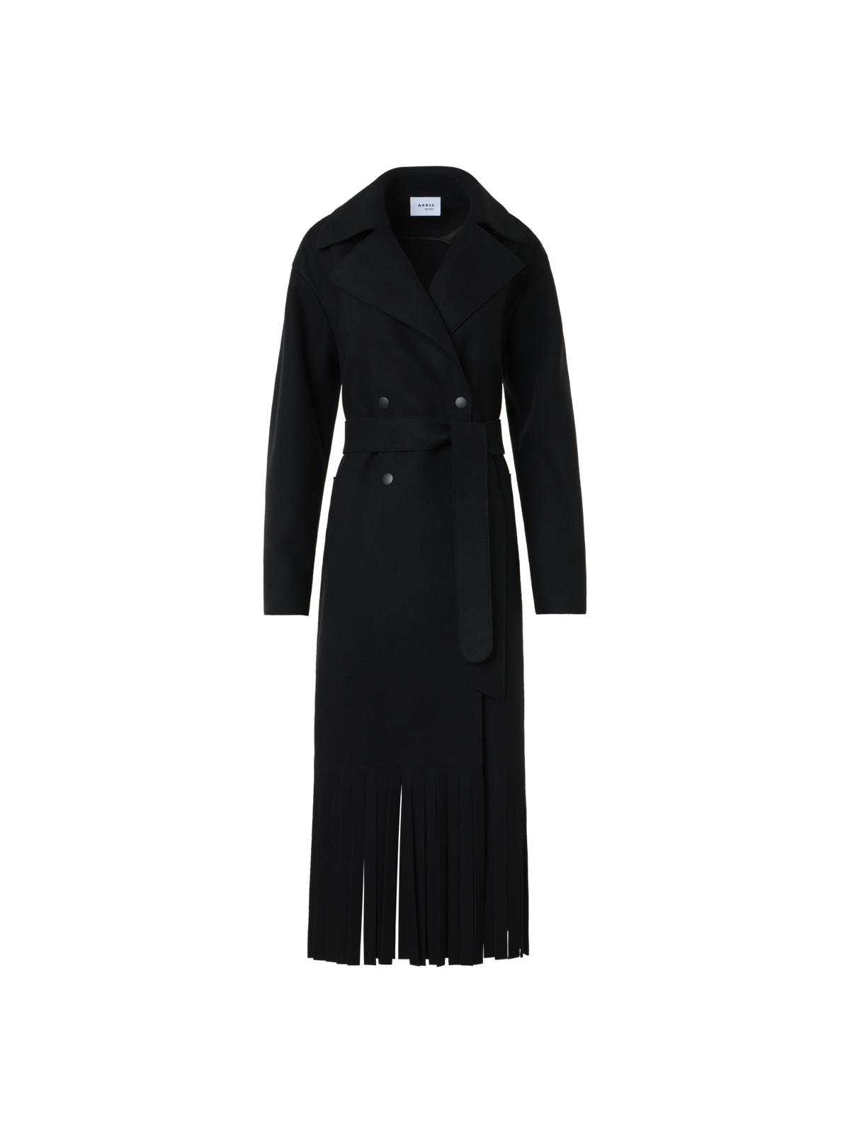 Designer Fringed Felted Wool Trench Coat - black