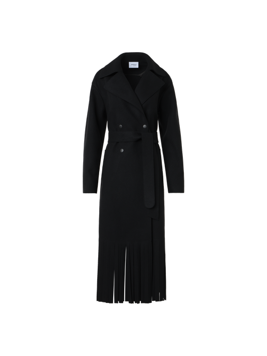 Designer Fringed Felted Wool Trench Coat - black