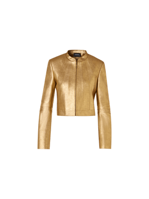 Designer Short Fitted Lamé Calf Nappa Leather Jacket - gold