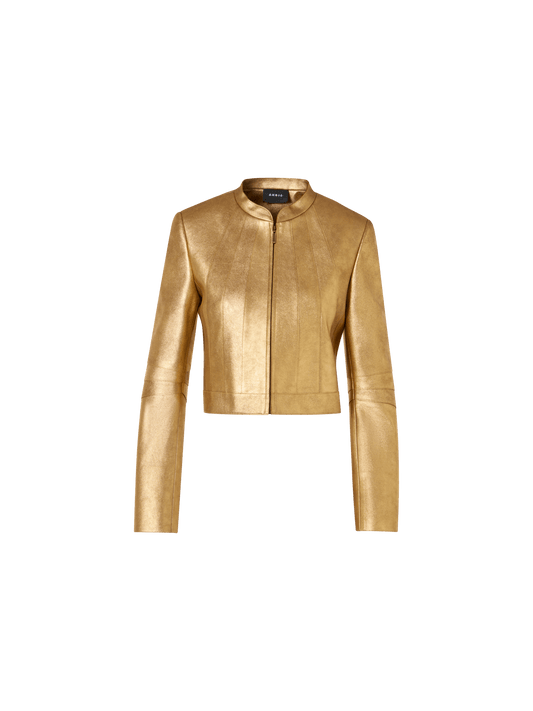 Designer Short Fitted Lamé Calf Nappa Leather Jacket - gold