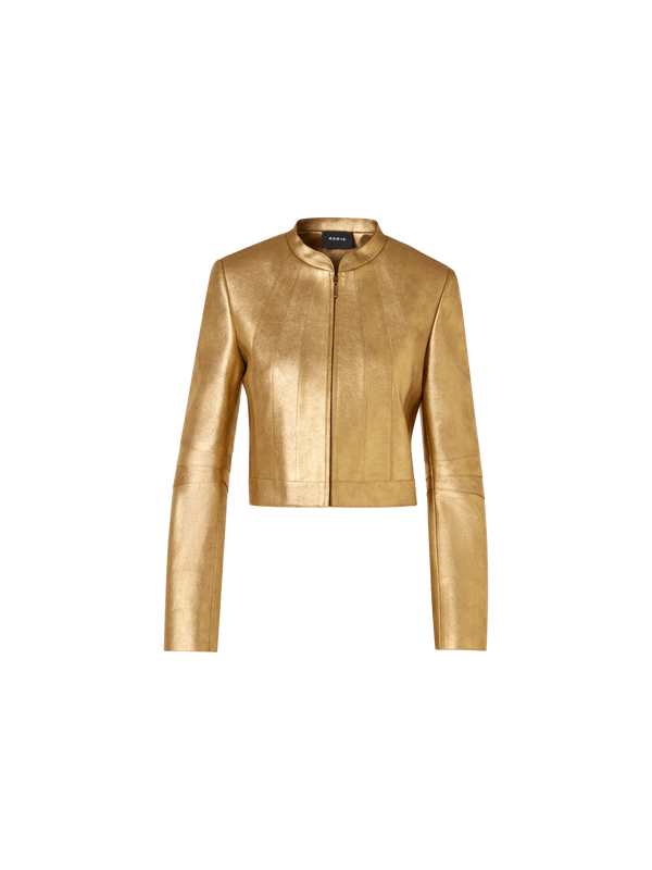 Designer Short Fitted Lamé Calf Nappa Leather Jacket - gold