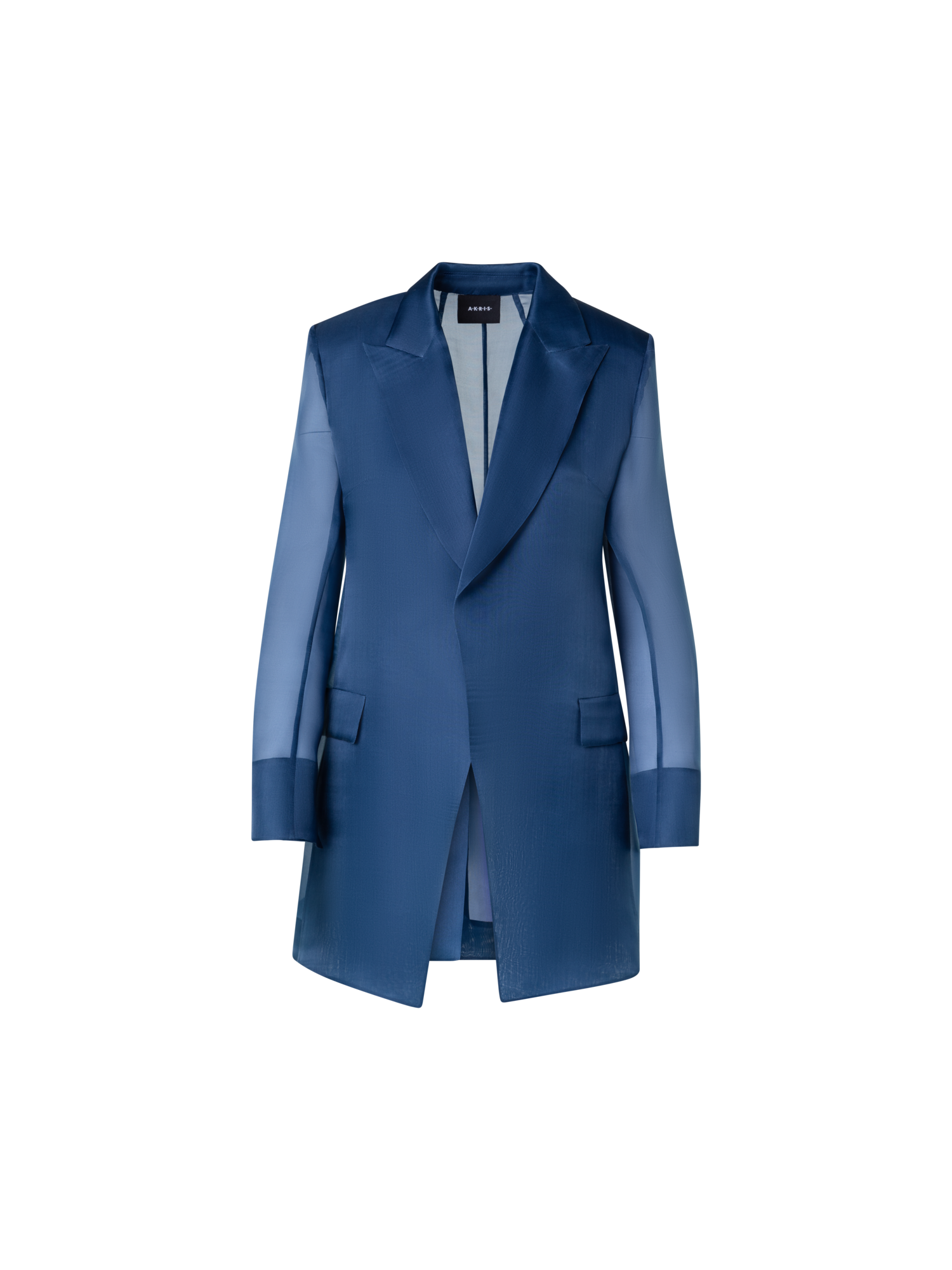 Designer Long Tailored Jacket with Semi-Sheer Sleeve - blue