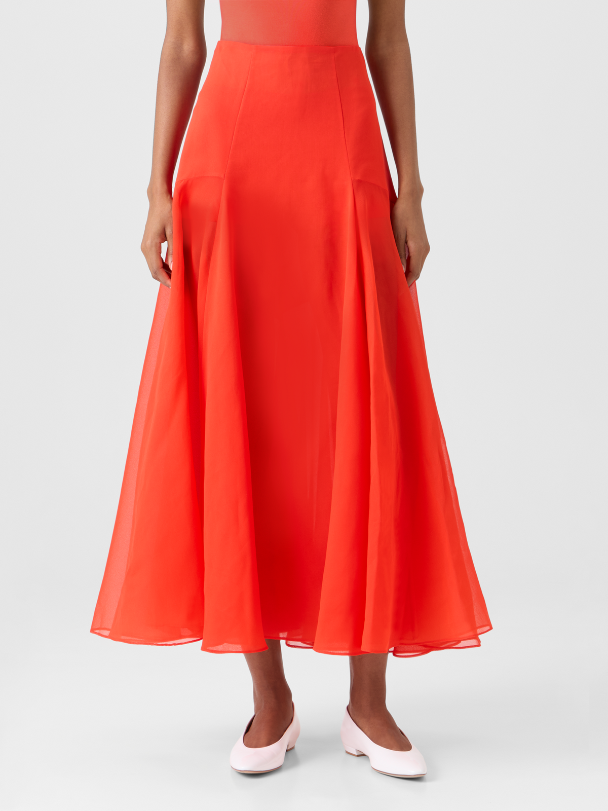 Designer Flared Midi Skirt in Silk Organza - red #editorial